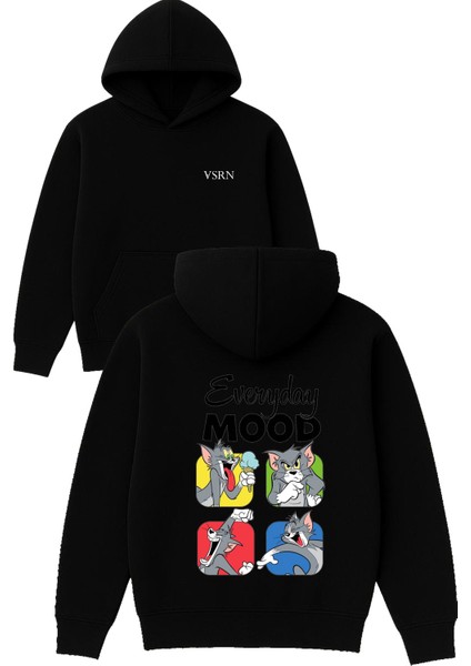 Everyday Mood Tasarım Baskılı Oversize Siyah Kapüşonlu Sweatshirt