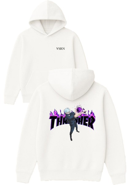 Thrasher Tasarım Baskılı Oversize Beyaz Kapüşonlu Sweatshirt
