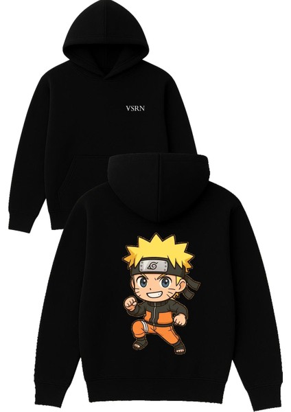 Sarı Saçlı Turuncu Anime Tasarım Baskılı Oversize Siyah Kapüşonlu Sweatshirt