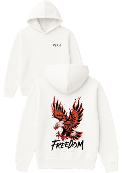 Kartal Freedoom Tasarım Baskılı Oversize Beyaz Kapüşonlu Sweatshirt