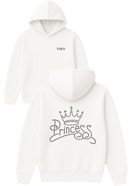 Princess Tasarım Baskılı Oversize Beyaz Kapüşonlu Sweatshirt