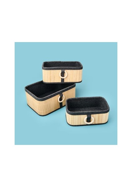 Living 3'lü Bambu Sepet - Kahverengi / Gri