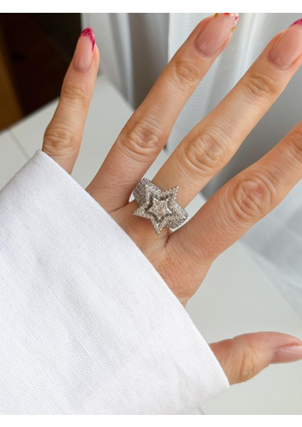 Çelik Yıldız Taşlı Yüzük (Ayarlanabilir)