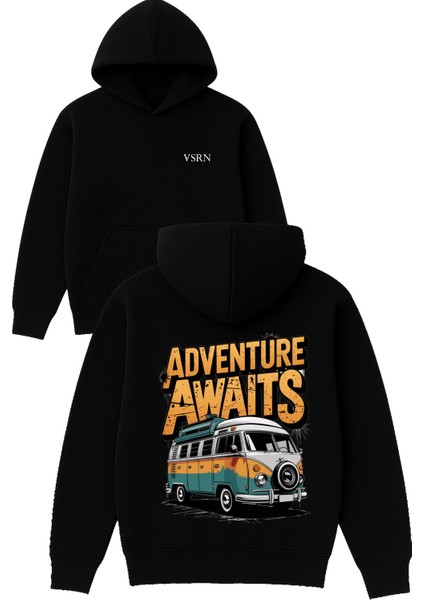 Adventure Awaıts Tasarım Baskılı Oversize Siyah Kapüşonlu Sweatshirt