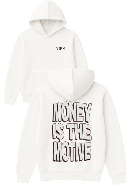 Money Is The Tasarım Baskılı Oversize Beyaz Kapüşonlu Sweatshirt