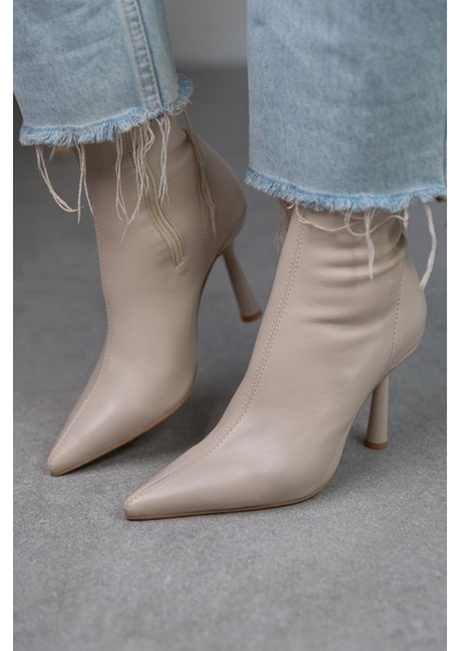 Kadın Marya Streç Cilt Yandan Fermuar Sivri Burun Ince Topuklu Bot