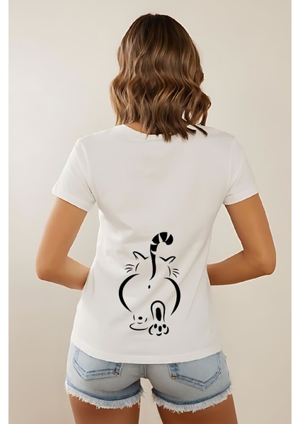 Sevimli Kedi Baskılı Beyaz Bisiklet Yaka T-Shirt