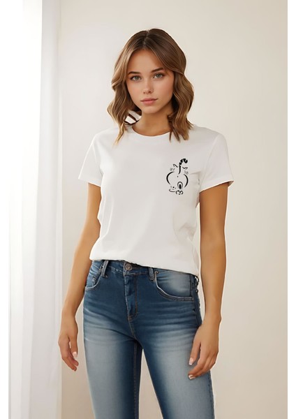 Sevimli Kedi Baskılı Beyaz Bisiklet Yaka T-Shirt fiyatları