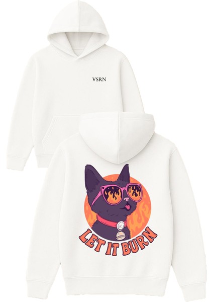 Let It Burn Tasarım Baskılı Oversize Beyaz Kapüşonlu Sweatshirt