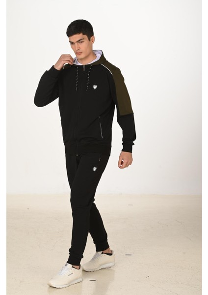 Erkek Pamuklu Tam Fermuarlı Kapüşonlu Eşofman Takımı Siyah 5282-S