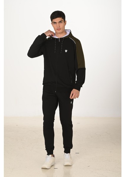 Erkek Pamuklu Tam Fermuarlı Kapüşonlu Eşofman Takımı Siyah 5282-S fiyatları