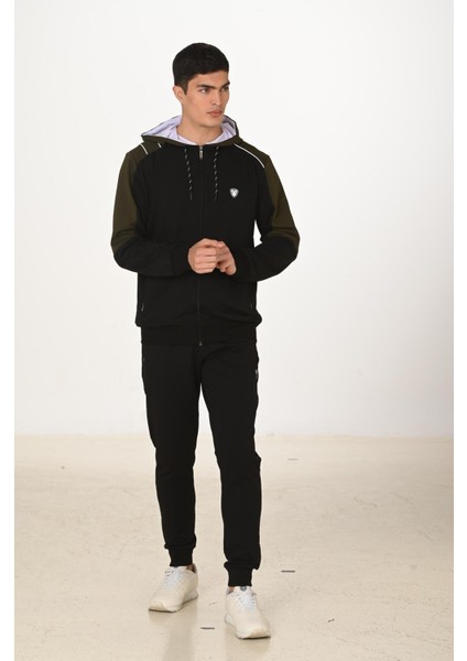 Erkek Pamuklu Tam Fermuarlı Kapüşonlu Eşofman Takımı Siyah 5282-S fırsatları