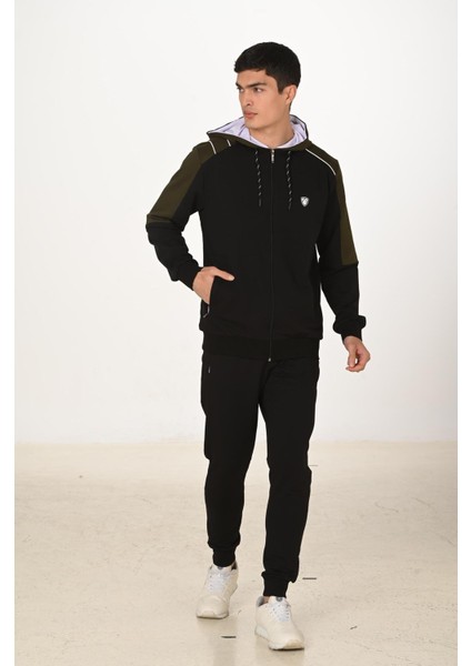 Erkek Pamuklu Tam Fermuarlı Kapüşonlu Eşofman Takımı Siyah 5282-S indirimleri