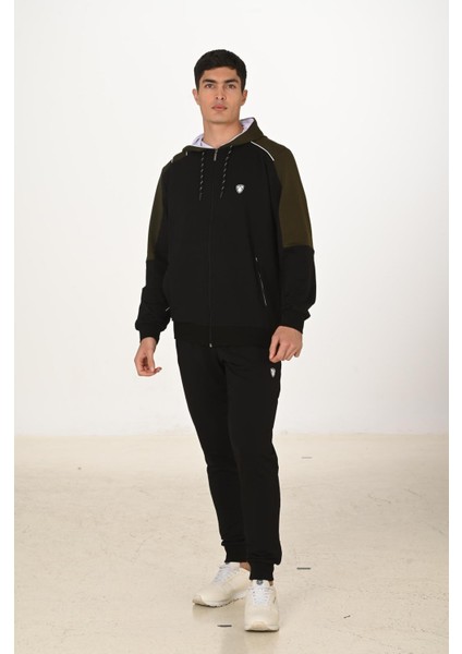 Erkek Pamuklu Tam Fermuarlı Kapüşonlu Eşofman Takımı Siyah 5282-S