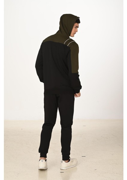 Erkek Pamuklu Tam Fermuarlı Kapüşonlu Eşofman Takımı Siyah 5282-S