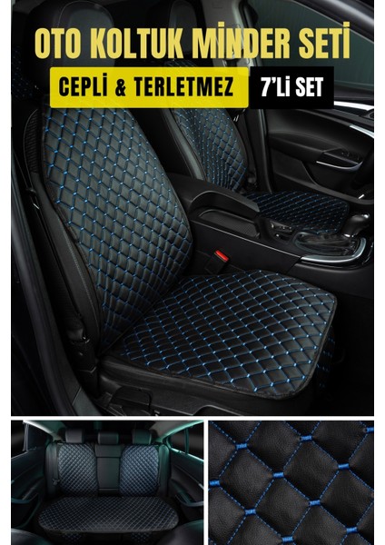 Ergonomik,ortopedik,suni Deri Kapitoneli Lüks Ototurco Oto Koltuk Kılıfı-Minderi (7li Tam Set)Siyah-Mavi fırsatları