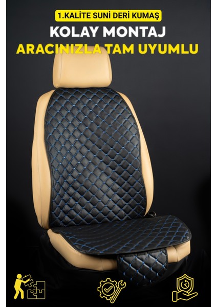 Ergonomik,ortopedik,suni Deri Kapitoneli Lüks Ototurco Oto Koltuk Kılıfı-Minderi (7li Tam Set)Siyah-Mavi