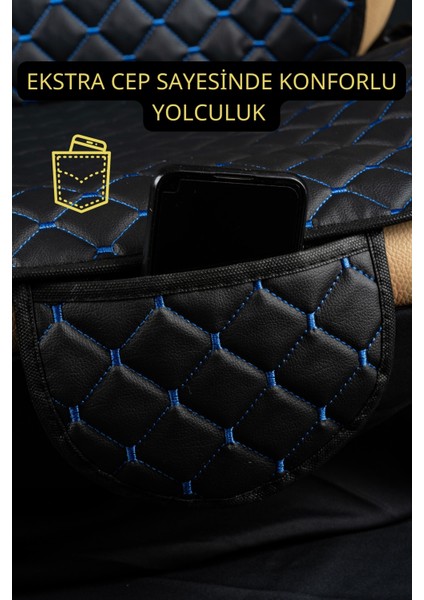 Ergonomik,ortopedik,suni Deri Kapitoneli Lüks Ototurco Oto Koltuk Kılıfı-Minderi (7li Tam Set)Siyah-Mavi