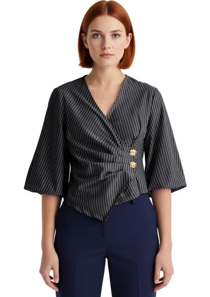 Yazlık Kısa Kol Çizgili Terrycotton Bluz V Yaka Casual Modern Stil Yüksek Kalite Uzun Ömürlü