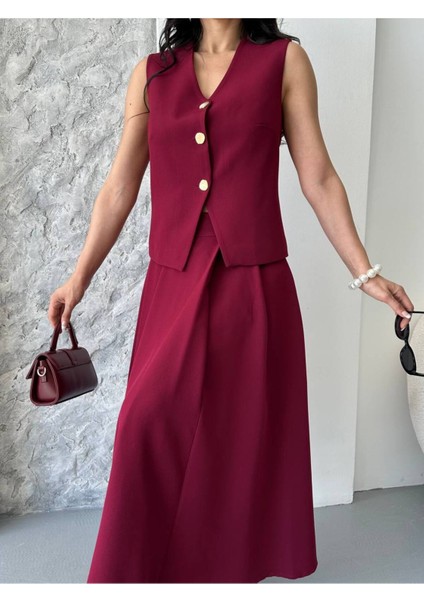 Kadın Alt Üst Takım Şık Düğme Detaylı Premium Yelek Etek Ikili Takım Elbise fiyatları