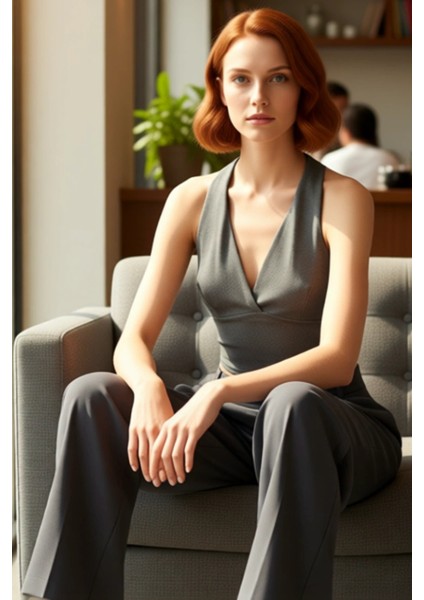 Kadın V Yaka Kolsuz Metalize Iplik Örme Üst Kaliteli Şık Rahat Modern Zarif Günlük