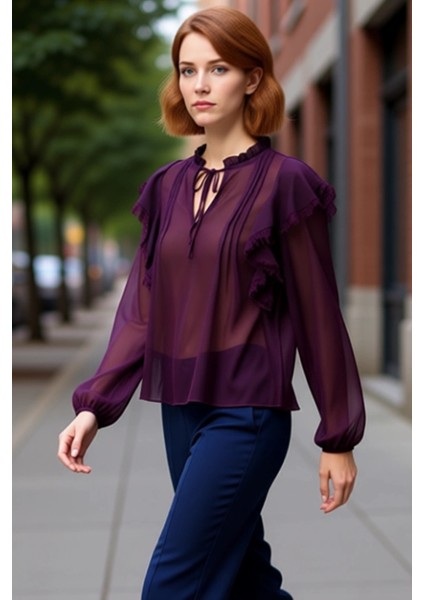 Kadın Giyim Şifon Bluz Transparan Kumaş Dantel Detaylı Balon Kol Bağcıklı Yaka Kaliteli Şık fırsatları