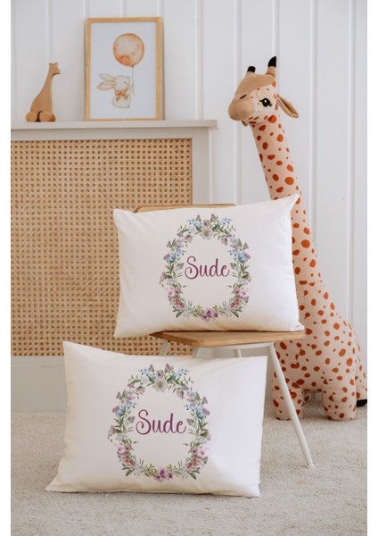 %100 Pamuk Isme Özel 2li Ekru Bebek Yastık Kılıfı 35X45 Cm-Çiçek Çemberi