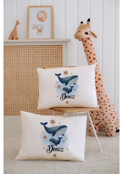 %100 Pamuk Isme Özel 2li Ekru Bebek Yastık Kılıfı 35X45 Cm-Balinalar