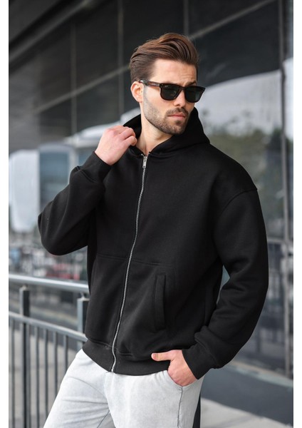 Siyah Fermuarlı Kapüşonlu Erkek Hırka E7174