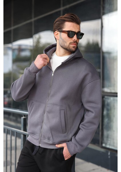 Füme Fermuarlı Kapüşonlu Erkek Hırka E7174