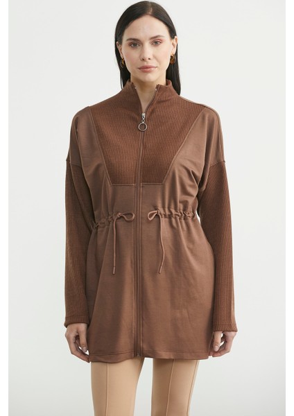 Dik Yaka Tam Fermuarlı Tunik - Kahve