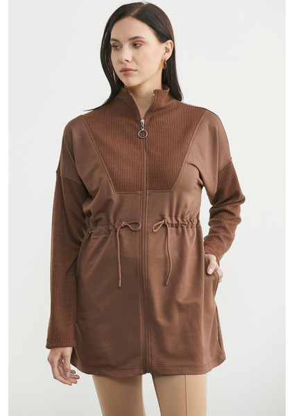 Dik Yaka Tam Fermuarlı Tunik - Kahve modelleri