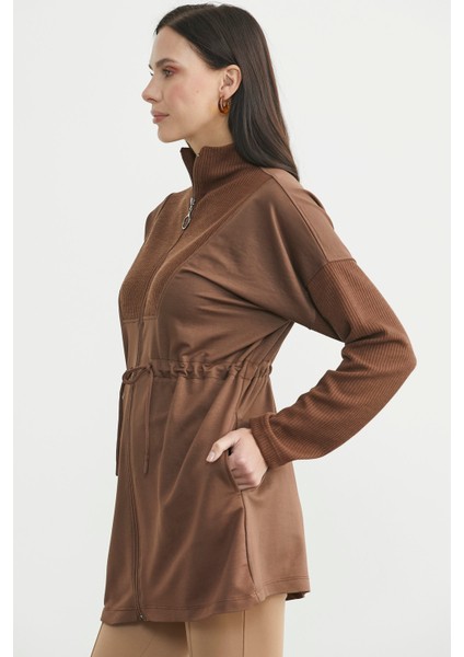 Dik Yaka Tam Fermuarlı Tunik - Kahve fırsatları