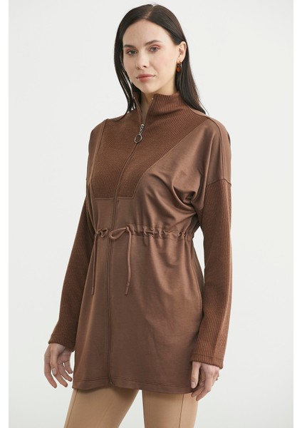 Dik Yaka Tam Fermuarlı Tunik - Kahve indirimleri