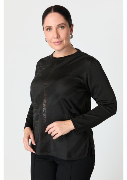 Büyük Beden Baskı Detaylı Triko Kazak-Siyah