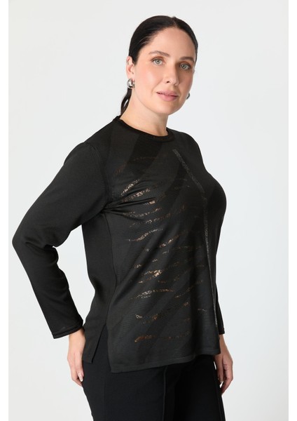 Büyük Beden Baskı Detaylı Triko Kazak-Siyah fiyatları