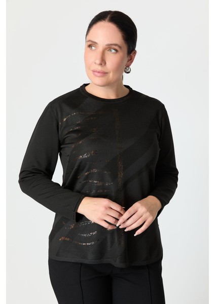 Büyük Beden Baskı Detaylı Triko Kazak-Siyah modelleri