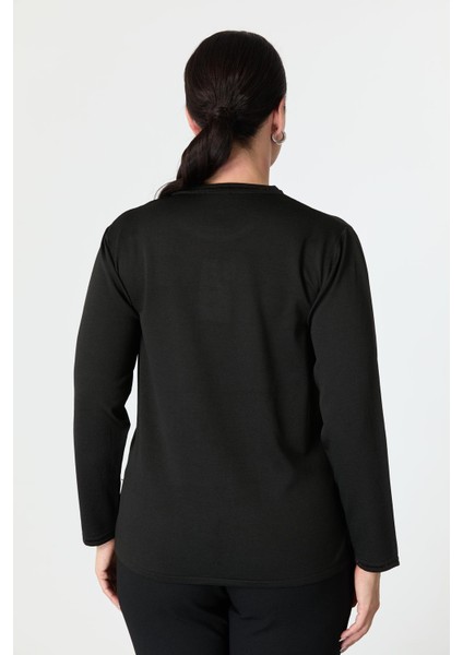 Büyük Beden Baskı Detaylı Triko Kazak-Siyah fırsatları