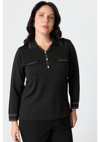 Büyük Beden Ribana Detaylı Triko Kazak-Siyah