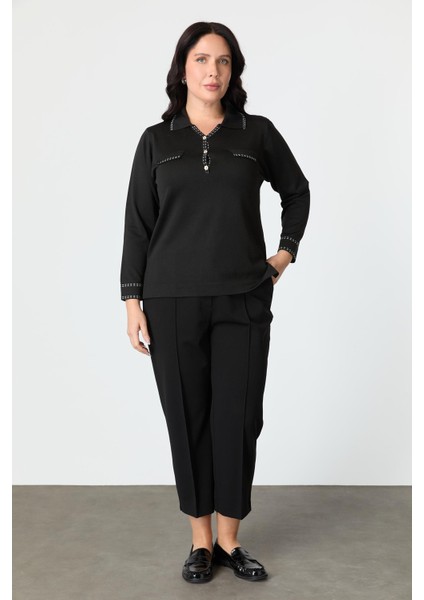 Büyük Beden Ribana Detaylı Triko Kazak-Siyah fiyatları