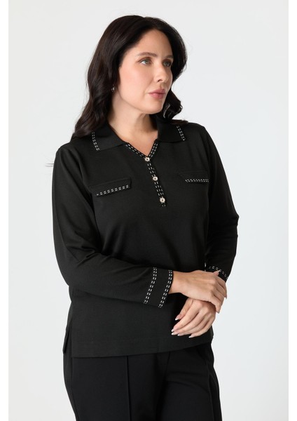 Büyük Beden Ribana Detaylı Triko Kazak-Siyah modelleri