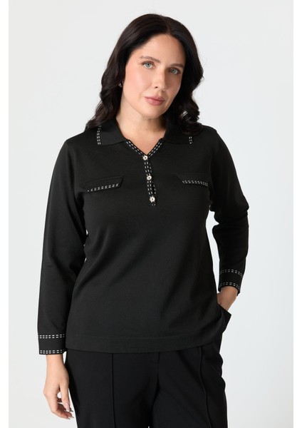 Büyük Beden Ribana Detaylı Triko Kazak-Siyah fırsatları