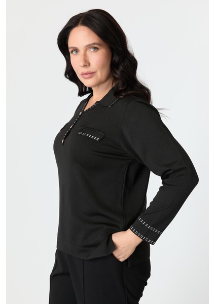 Büyük Beden Ribana Detaylı Triko Kazak-Siyah indirimleri