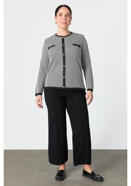 Büyük Beden Kazayağı Desenli Triko Kazak-Siyah fiyatları