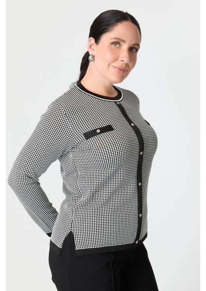 Büyük Beden Kazayağı Desenli Triko Kazak-Siyah indirimleri