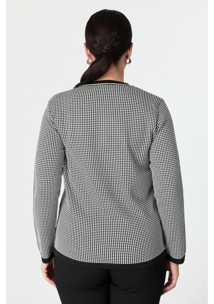 Büyük Beden Kazayağı Desenli Triko Kazak-Siyah