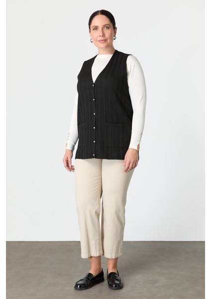 Büyük Beden Cep Detaylı Triko Yelek-Siyah fiyatları