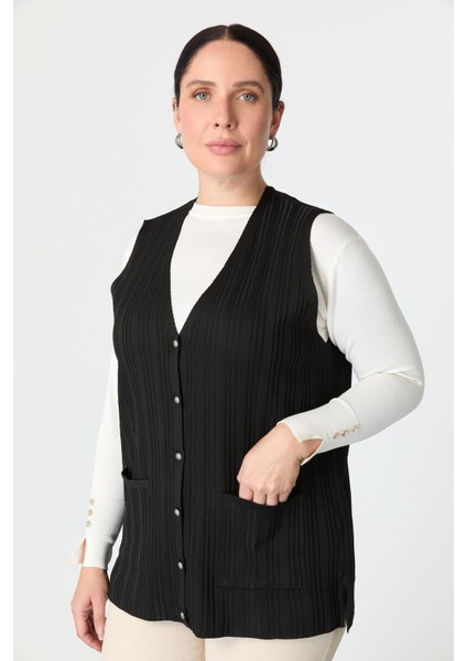 Büyük Beden Cep Detaylı Triko Yelek-Siyah modelleri