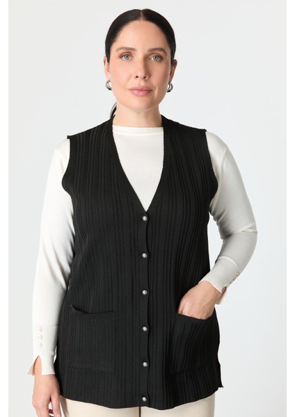 Büyük Beden Cep Detaylı Triko Yelek-Siyah fırsatları
