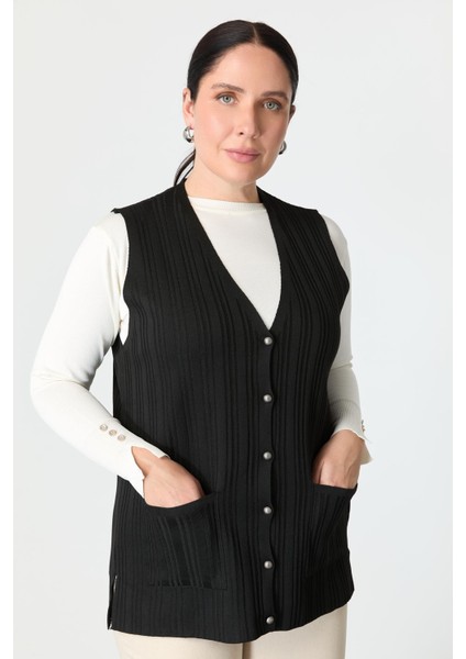 Büyük Beden Cep Detaylı Triko Yelek-Siyah indirimleri